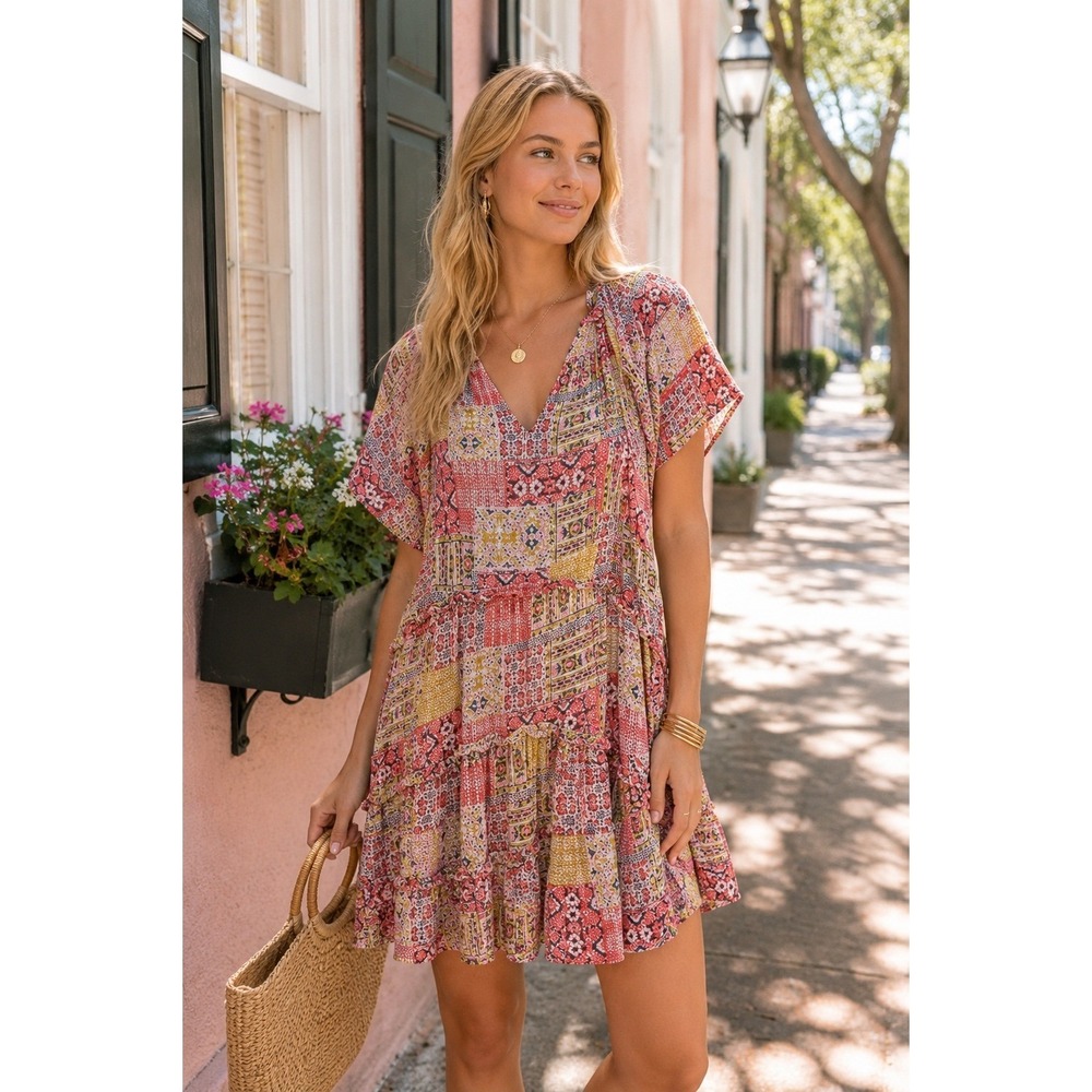 Anthropologie Pink and Yellow Patchwork V‑Neck Mini Dress